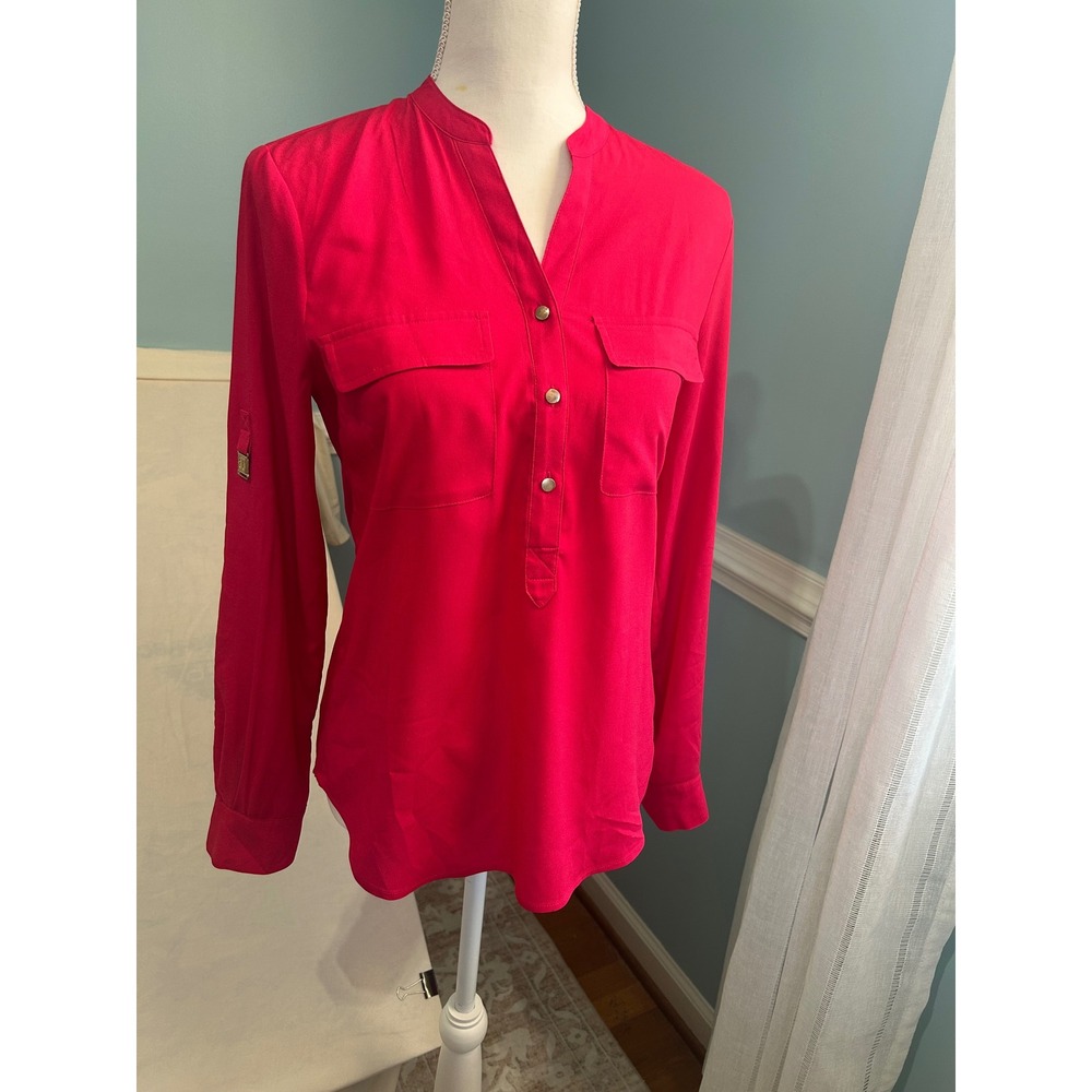 Ivanka Trump Womens Pink Roll Tab Sleeve Split Neck Blouse Top